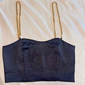Express Black Satin‎ Crop Top with gold chain straps XL